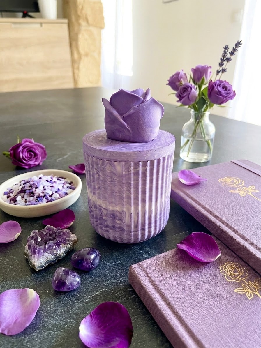 Bougie fleur violette parfum vanille Fleur Jesmonite Bougie végétale Idée cadeau