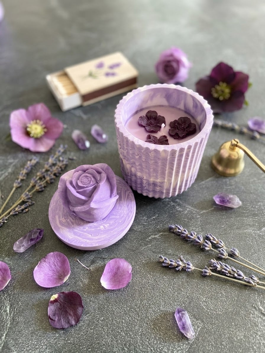 Bougie fleur violette parfum vanille Fleur Jesmonite Bougie végétale Idée cadeau