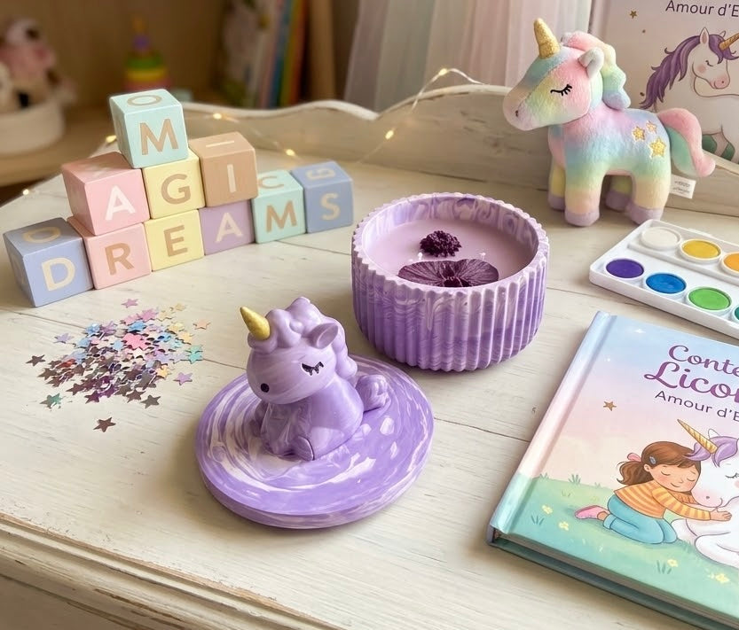 Bougie boite licorne parfum vanille Licorne Jesmonite Bougie végétale Idée cadeau