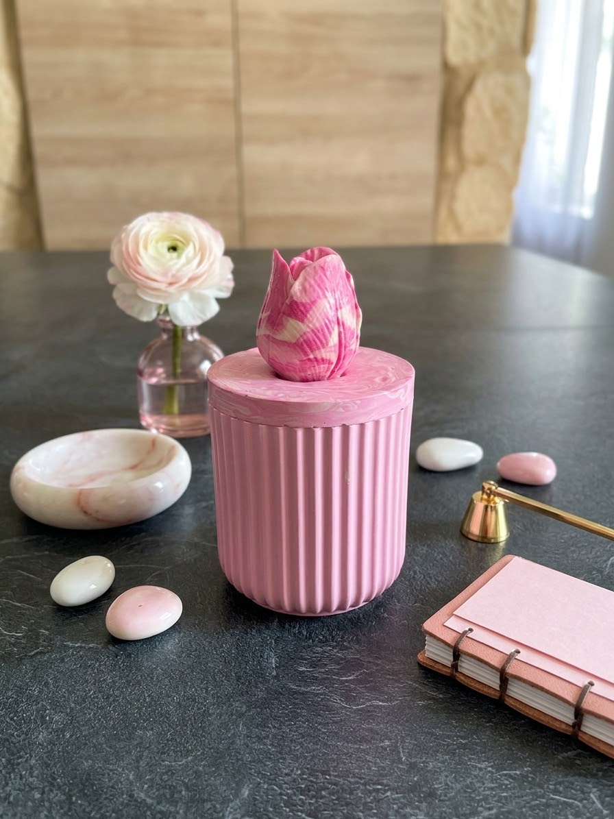 Bougie boite tulipe Jesmonite parfum fruits rouges Bougie végétale Idée cadeau