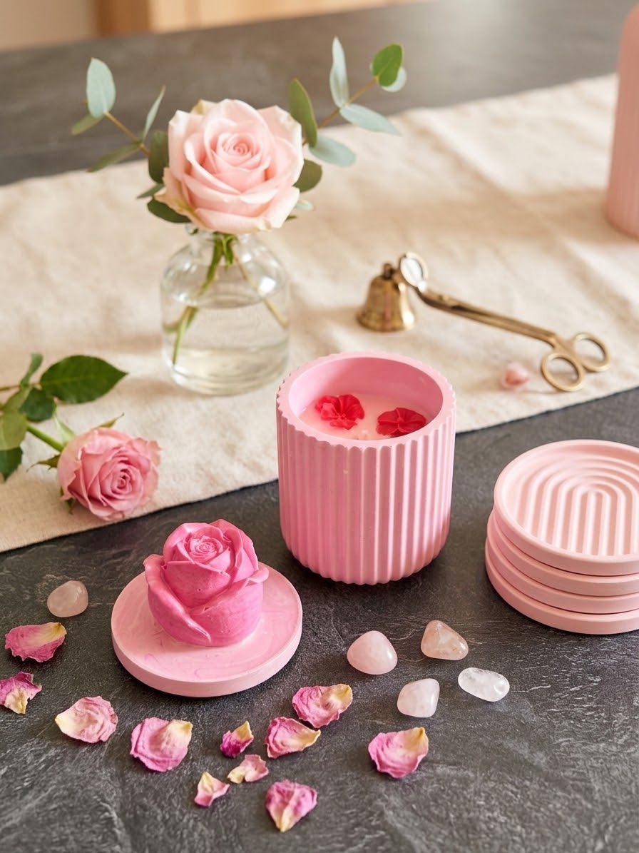 Bougie boite rose Jesmonite parfum fruits rouges Bougie végétale Idée cadeau