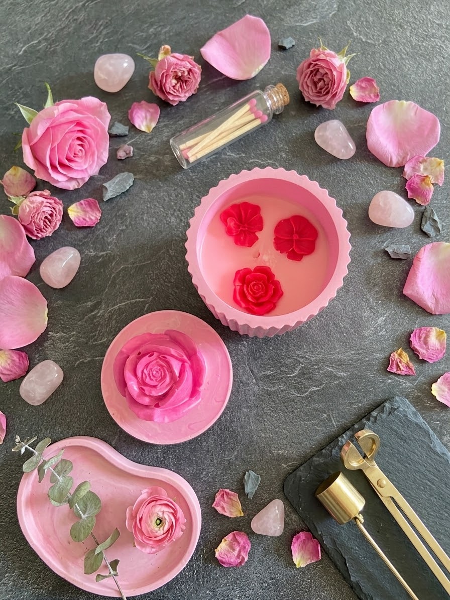 Bougie boite rose Jesmonite parfum fruits rouges Bougie végétale Idée cadeau