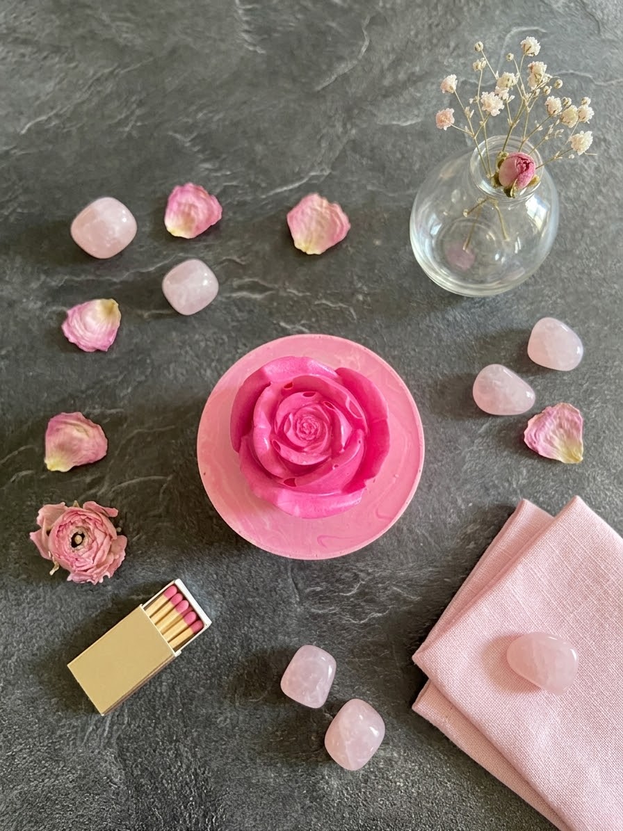 Bougie boite rose Jesmonite parfum fruits rouges Bougie végétale Idée cadeau