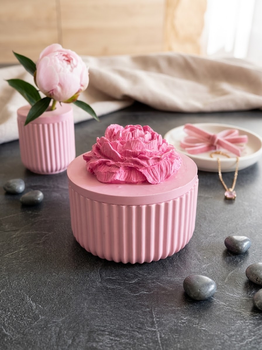 Bougie boite pivoine rose Jesmonite parfum fruits rouges Bougie végétale Idée cadeau