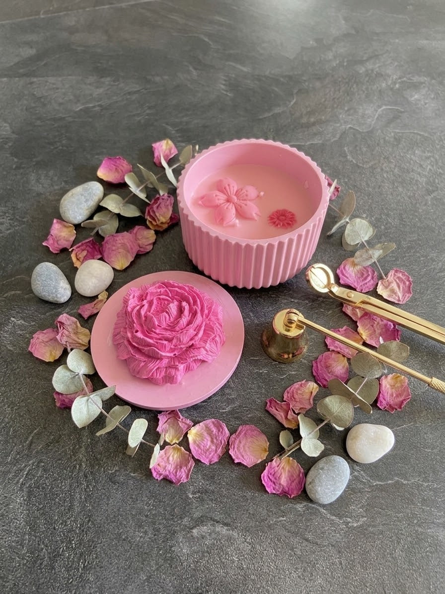Bougie boite pivoine rose Jesmonite parfum fruits rouges Bougie végétale Idée cadeau
