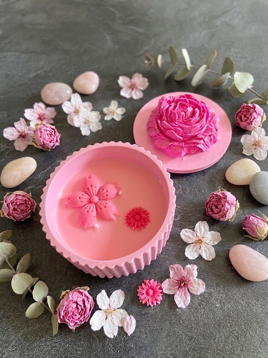 Bougie boite pivoine rose Jesmonite parfum fruits rouges Bougie végétale Idée cadeau