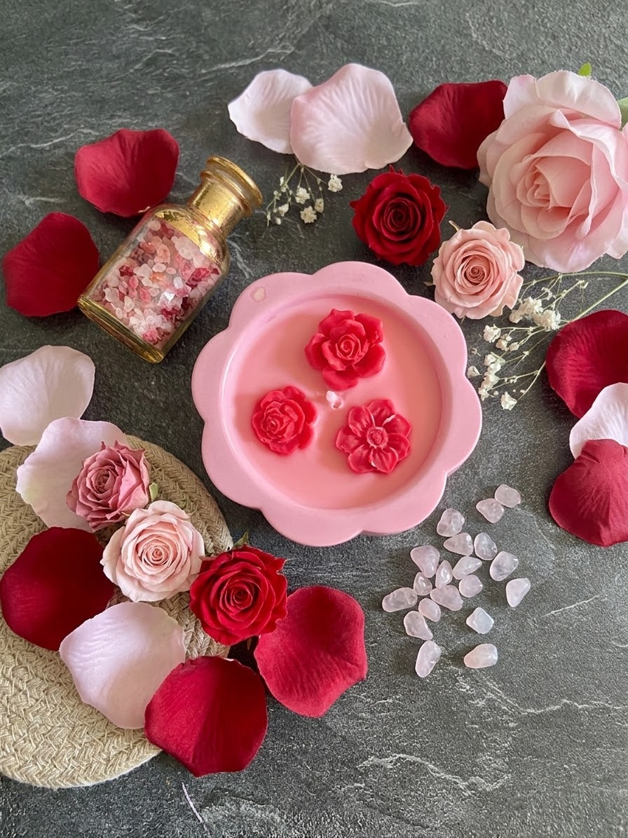 Bougie fleur rose Jesmonite parfum fruits rouges Bougie végétale Idée cadeau