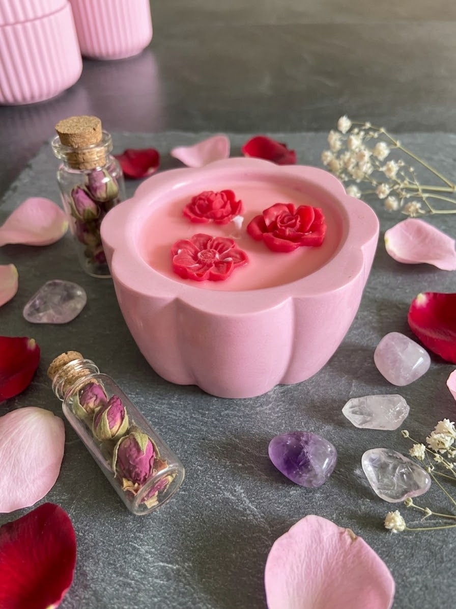 Bougie fleur rose Jesmonite parfum fruits rouges Bougie végétale Idée cadeau
