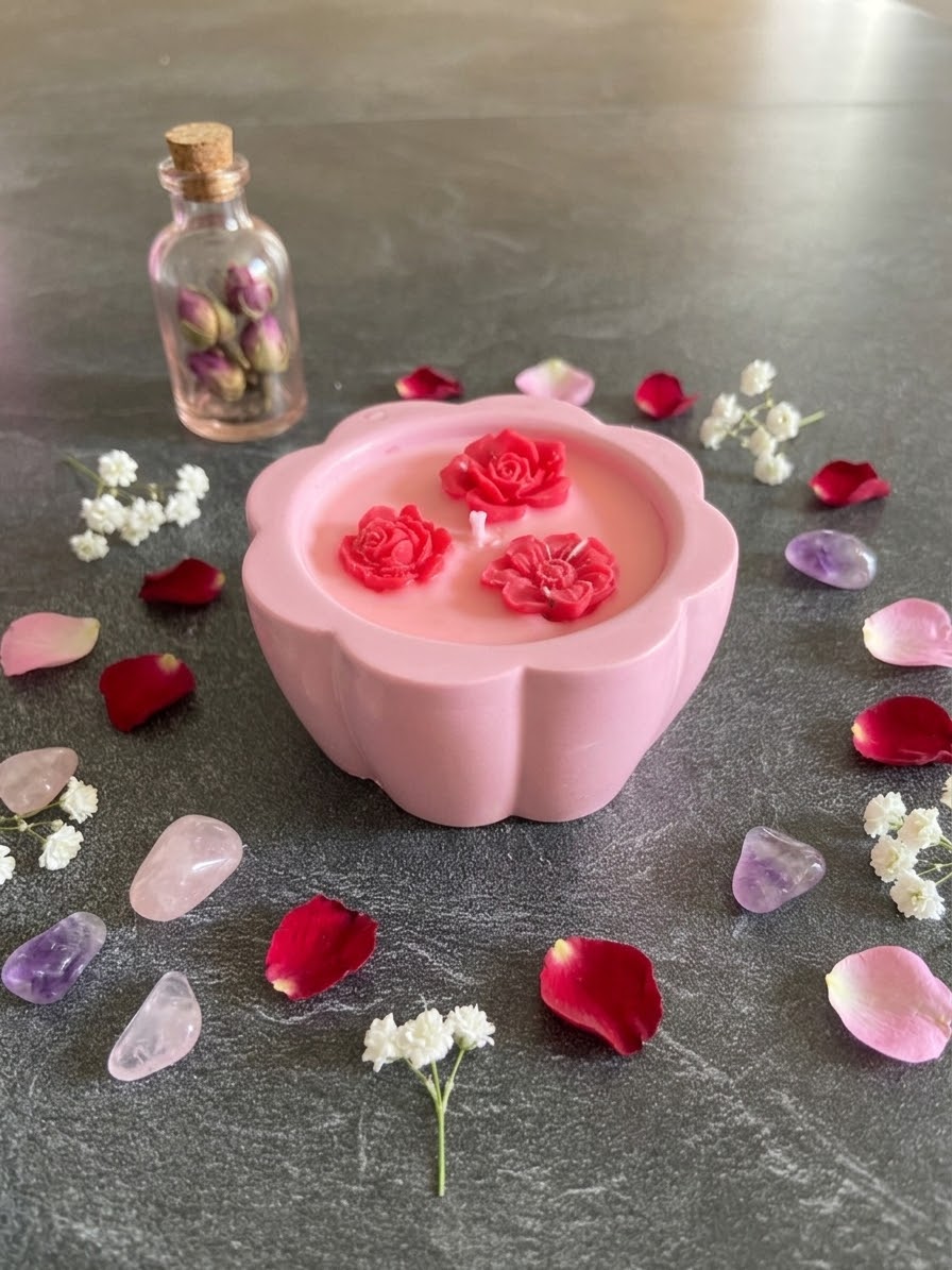 Bougie fleur rose Jesmonite parfum fruits rouges Bougie végétale Idée cadeau