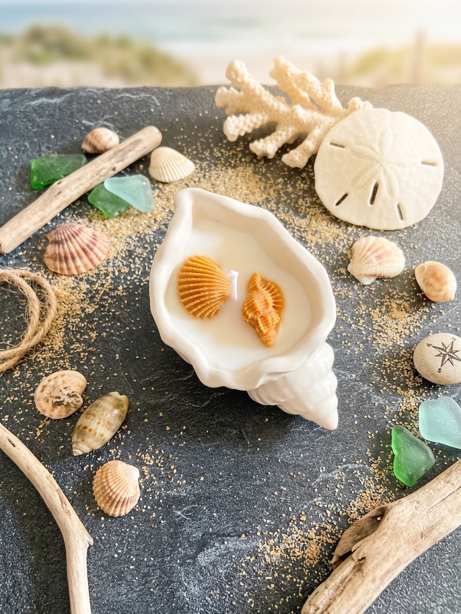 Bougie coquillage Jesmonite parfum monoï Bougie végétale Idée cadeau